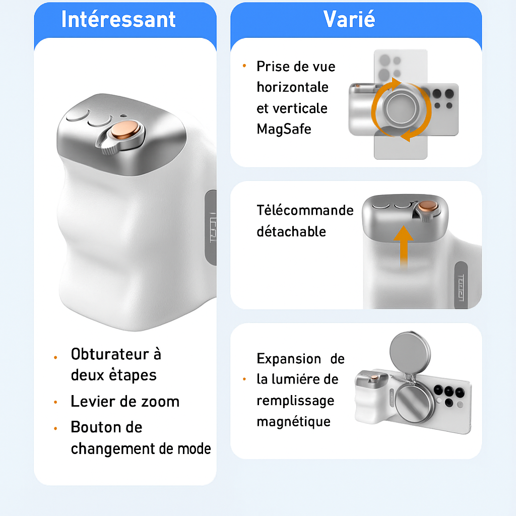 TELESIN : Poignée Grip photo magnétique – Télécommande Bluetooth – iPhone, Huawei, Xiaomi